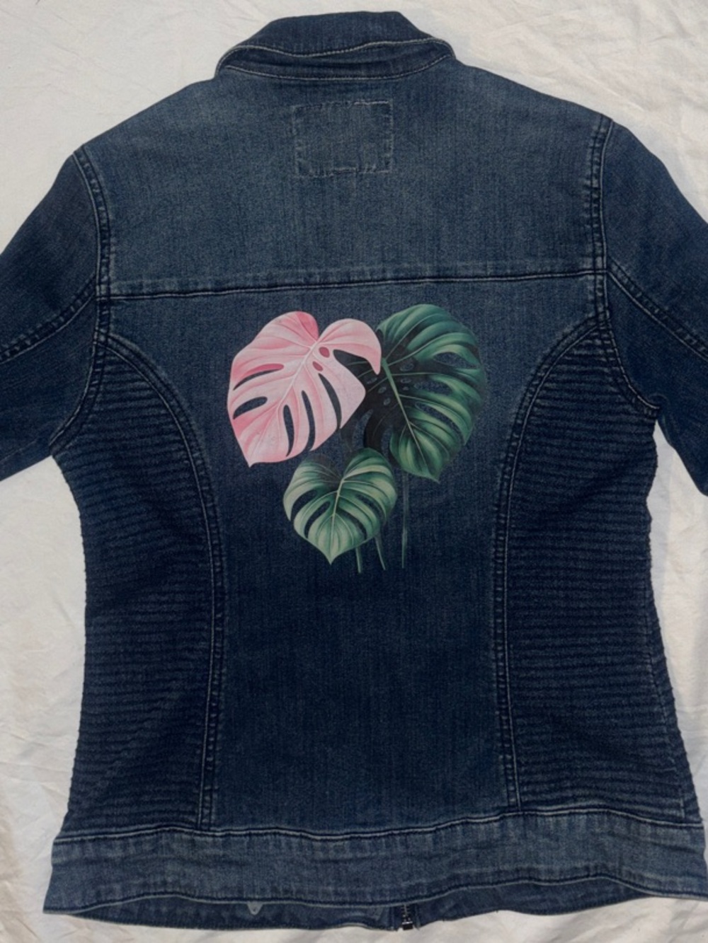 GUESS Women’s Denim Moto Jacket with Custom Tropical Monstera Graphic - Small